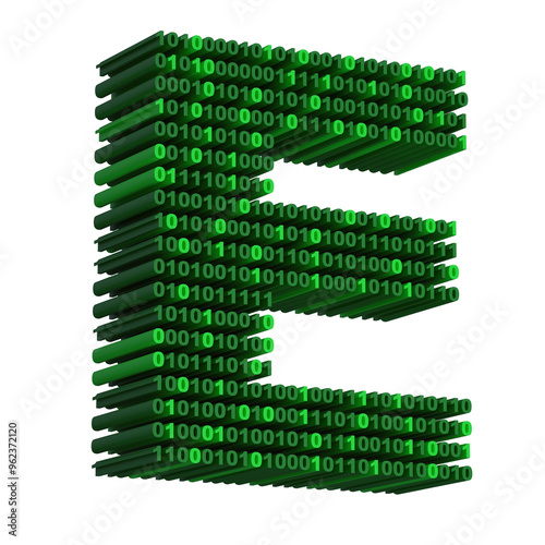 3D isometric letter E font made from binary code digits on transparent background PNG
