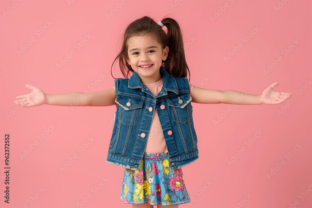 Young girl wearing a pink shirt and blue vest is standing in front of a pink wall. Female kid is smiling and happy with open arms. Young girl wearing a pink shirt and blue vest is standing in front of a pink wall. Female kid is smiling and happy with open arms.