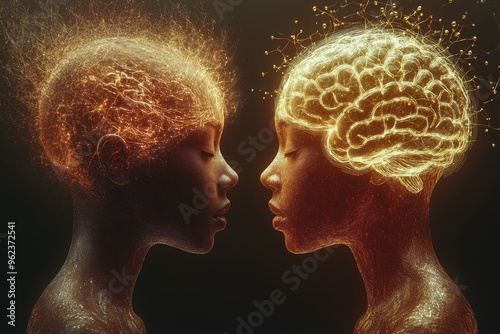 Brain agility cognition Side profile of a woman with a glowing brain representing intellectual fire mental energy and the spark of creative thoughts