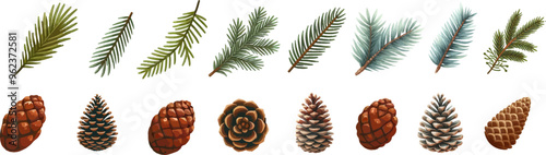 Pine cone vector icons set.Christmas tree with green pine cone branches isolated on white baqckground. Fir tree branches with cones.