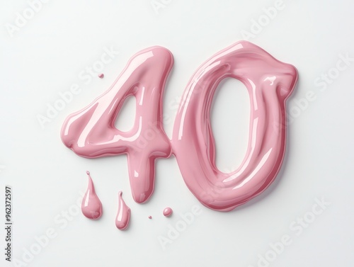 Rose pink paint in the shape of 40 isolated on white with minimal shadows.