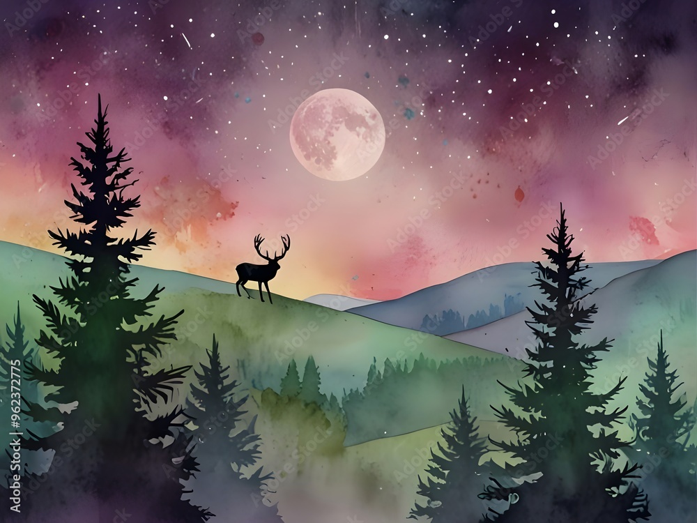 A Watercolor Deer Under A Full Moon A Watercolor Deer Under A Full Moon
