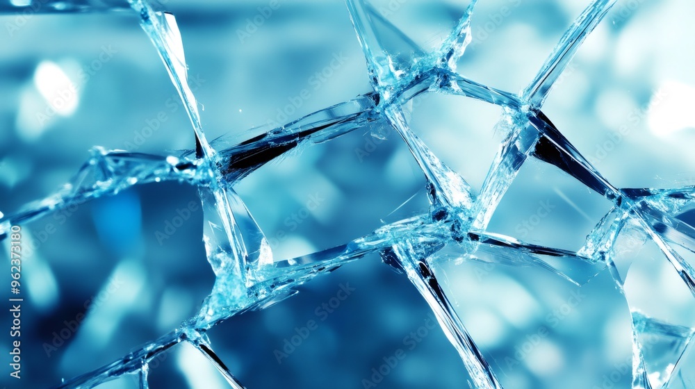 A closeup of a shattered piece of glass with a blue background. A closeup of a shattered piece of glass with a blue background.
