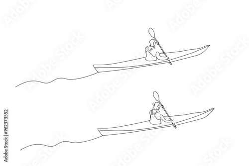 woman man together kayak canoe boat water sport activity lifestyle one line art design vector