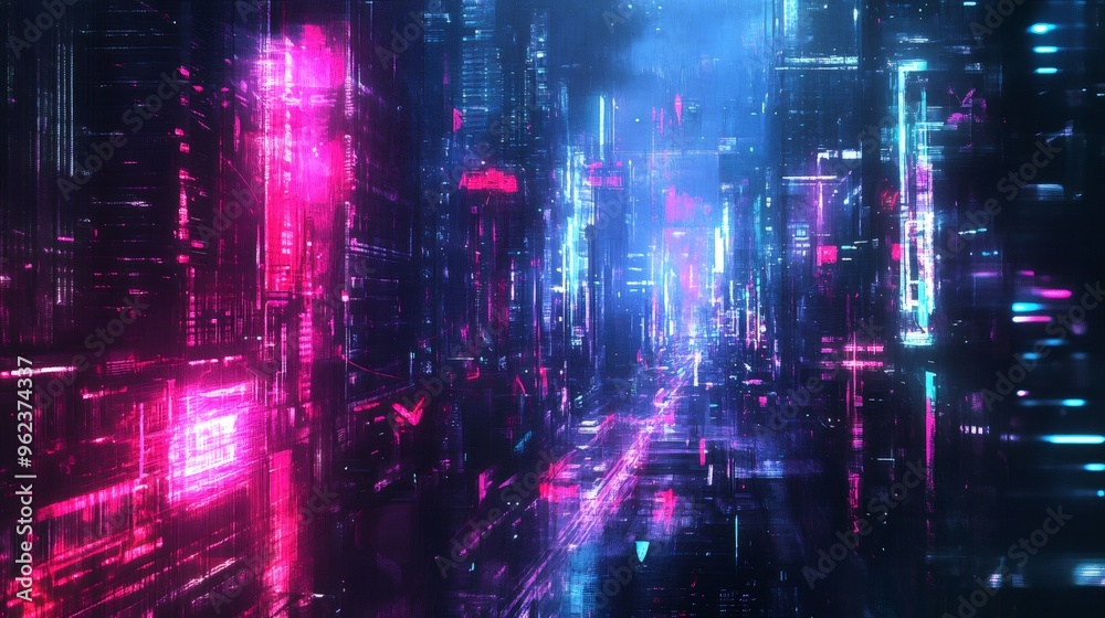 A digital abstract of a futuristic cityscape with neon lights. A digital abstract of a futuristic cityscape with neon lights.