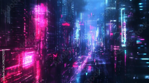 A digital abstract of a futuristic cityscape with neon lights.