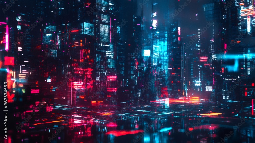 A futuristic cityscape with bright neon lights and a reflective surface. A futuristic cityscape with bright neon lights and a reflective surface.