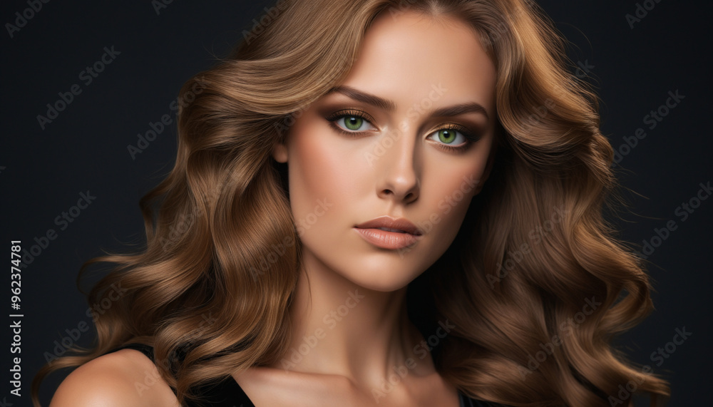 Fototapeta premium Portrait of a Beautiful Woman with Long Wavy Brown Hair and Captivating Expression