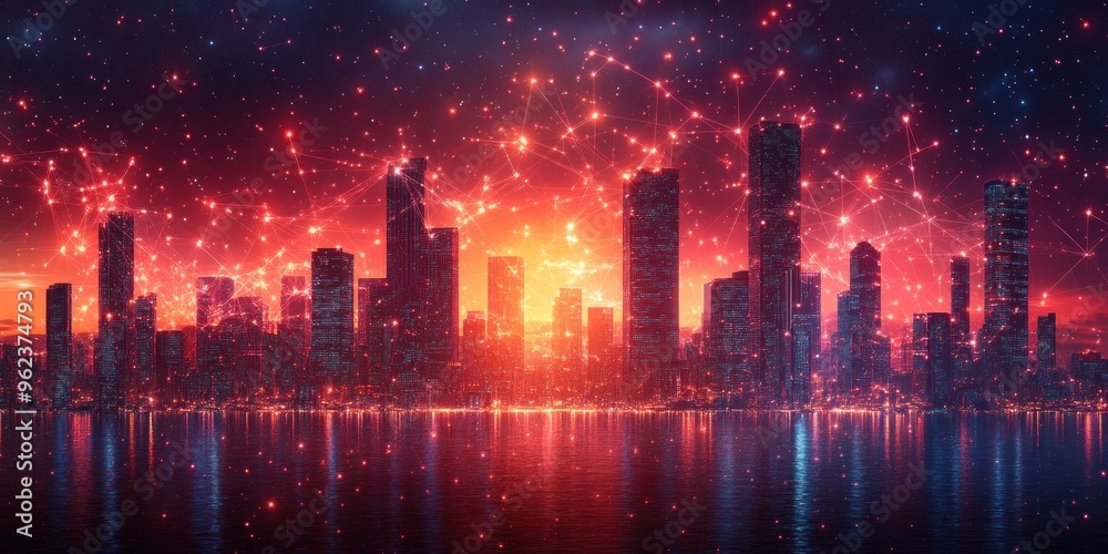 Cityscape with a Network of Interconnected Lights Against a Starry Night Sky Cityscape with a Network of Interconnected Lights Against a Starry Night Sky