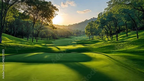 Low angle static shot: The camera is angled up at a golf course during a vibrant sunset.
