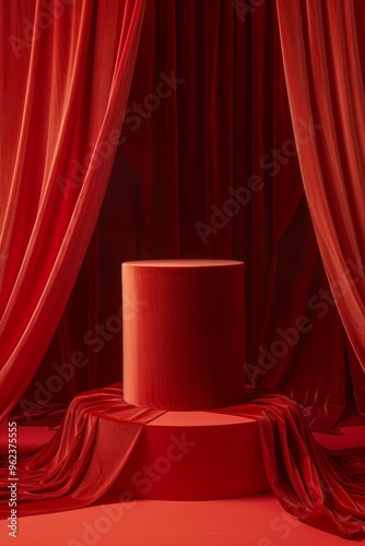 Elegant red podium draped with a velvet curtain, perfect for premium product display in a refined