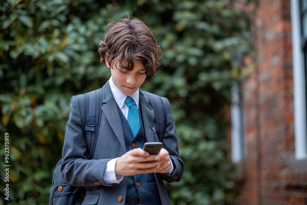 Teenage boy in a suit checking his smartphone before studying in school Teenage boy in a suit checking his smartphone before studying in school