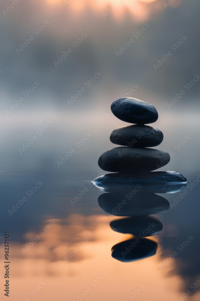 Stack of zen stones resting on a serene lake amidst morning mist Stack of zen stones resting on a serene lake amidst morning mist