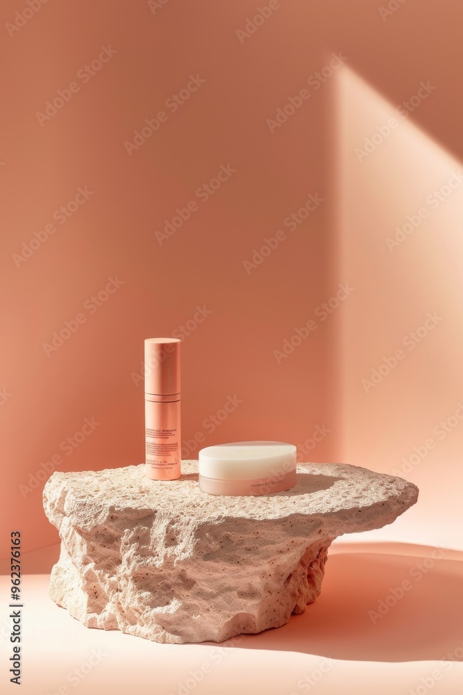 Stone podium designed for presenting cosmetic beauty products, standing against a soft pastel
