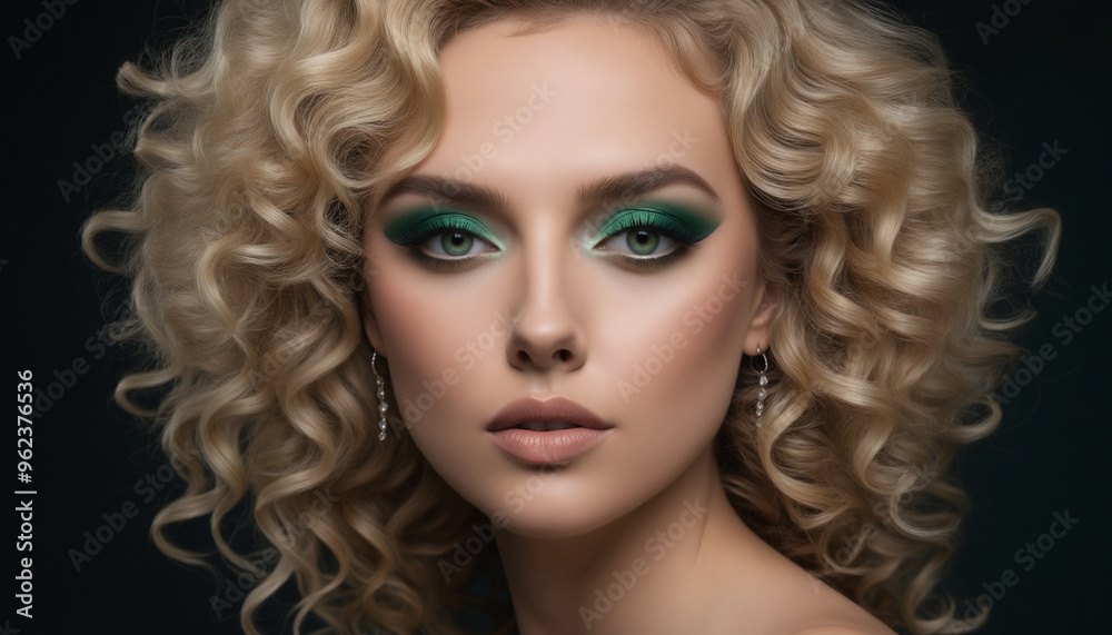 Elegant Portrait of a Woman with Curly Blonde Hair and Bold Green Eye Makeup Elegant Portrait of a Woman with Curly Blonde Hair and Bold Green Eye Makeup