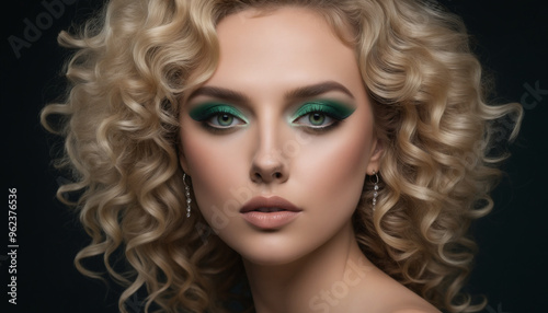 Elegant Portrait of a Woman with Curly Blonde Hair and Bold Green Eye Makeup