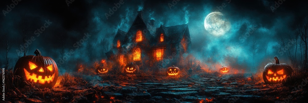 A Haunted House and Jack-o'-Lanterns on a Foggy Halloween Night A Haunted House and Jack-o'-Lanterns on a Foggy Halloween Night