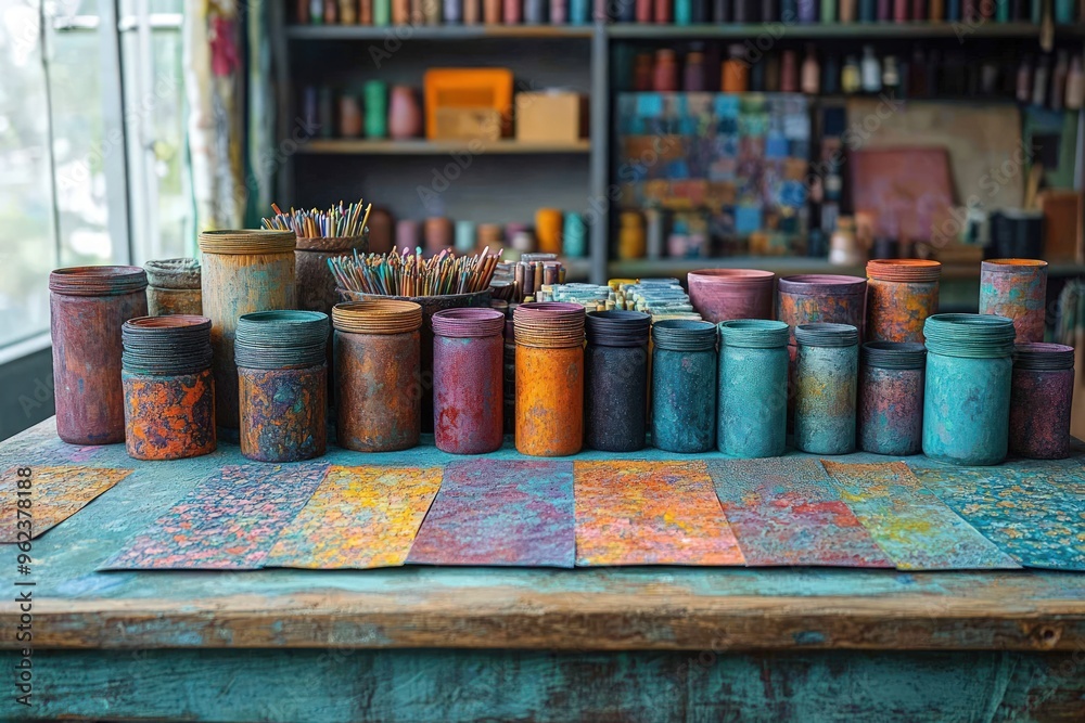 A collection of paint jars in various colors and finishes on a wooden table with samples of the paint on the table in front of them. A collection of paint jars in various colors and finishes on a wooden table with samples of the paint on the table in front of them.