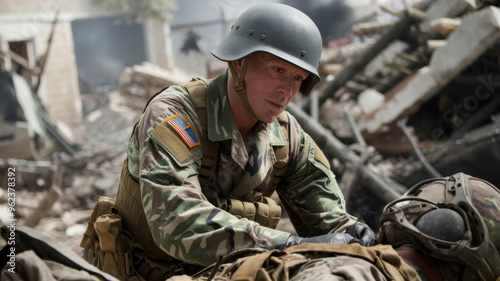 A cinematic medium shot of a medic in a war zone. He is wearing a camouflage uniform and a helmet. He is tending to a wounded soldier. The background is chaotic, with destroyed buildings and smoke.