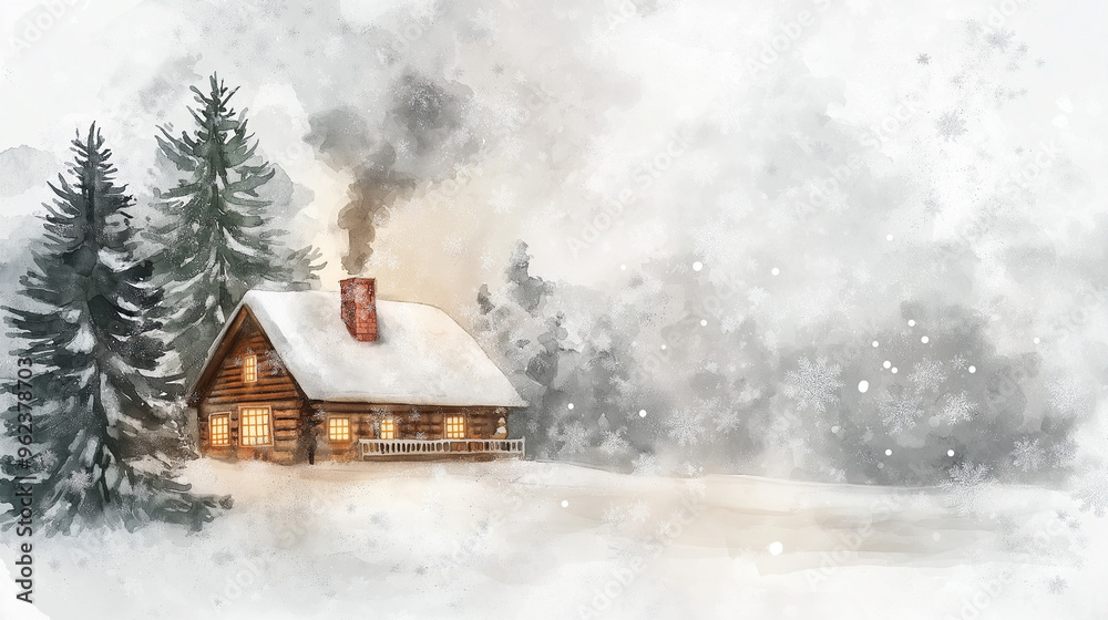 Naklejka premium Winter cabin in a snowy forest, cozy log house with smoke rising from the chimney, serene winter landscape with snow-covered trees and peaceful atmosphere