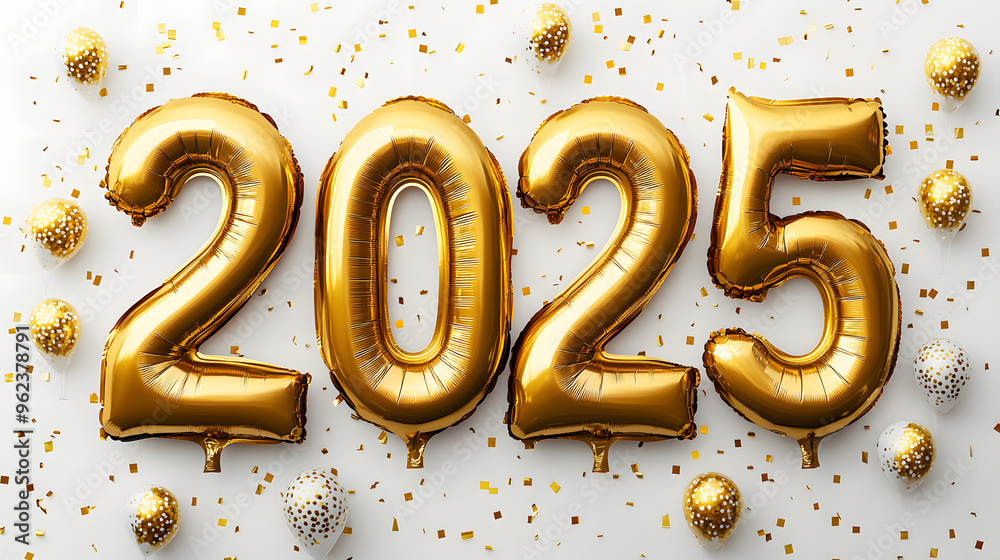 Happy New Year background with 2025 shiny golden numbers made of air balloons isolated on white background. Festive celebration banner Happy New Year background with 2025 shiny golden numbers made of air balloons isolated on white background. Festive celebration banner