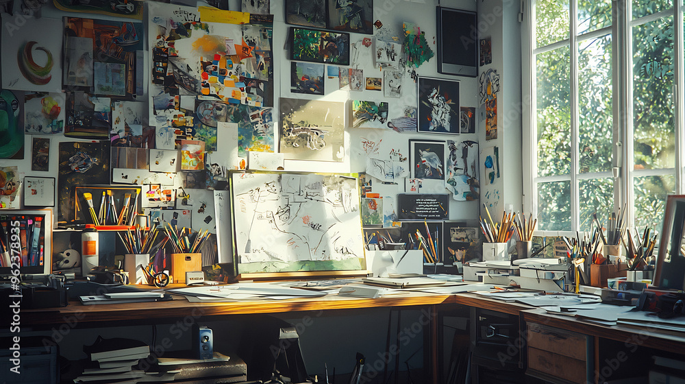 Creative Workspace with Art Supplies and Sketches Creative Workspace with Art Supplies and Sketches
