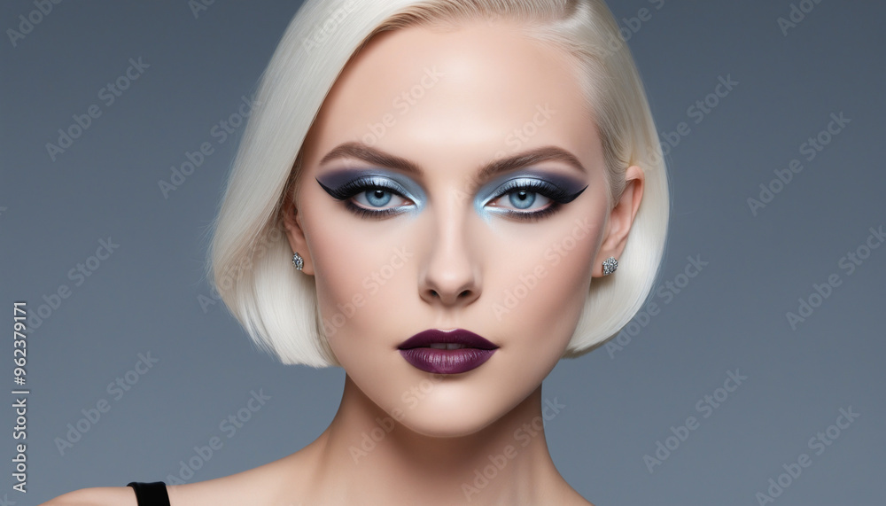 Portrait of a Beautiful Woman with Blonde Bob Haircut and Dramatic Eye Makeup Portrait of a Beautiful Woman with Blonde Bob Haircut and Dramatic Eye Makeup