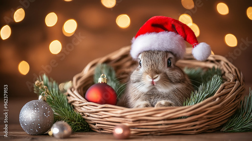 Adorable bunny wearing a Santa hat sitting in a basket with Christmas ornaments, festive holiday scene with cute rabbit, cozy and playful Christmas atmosphere