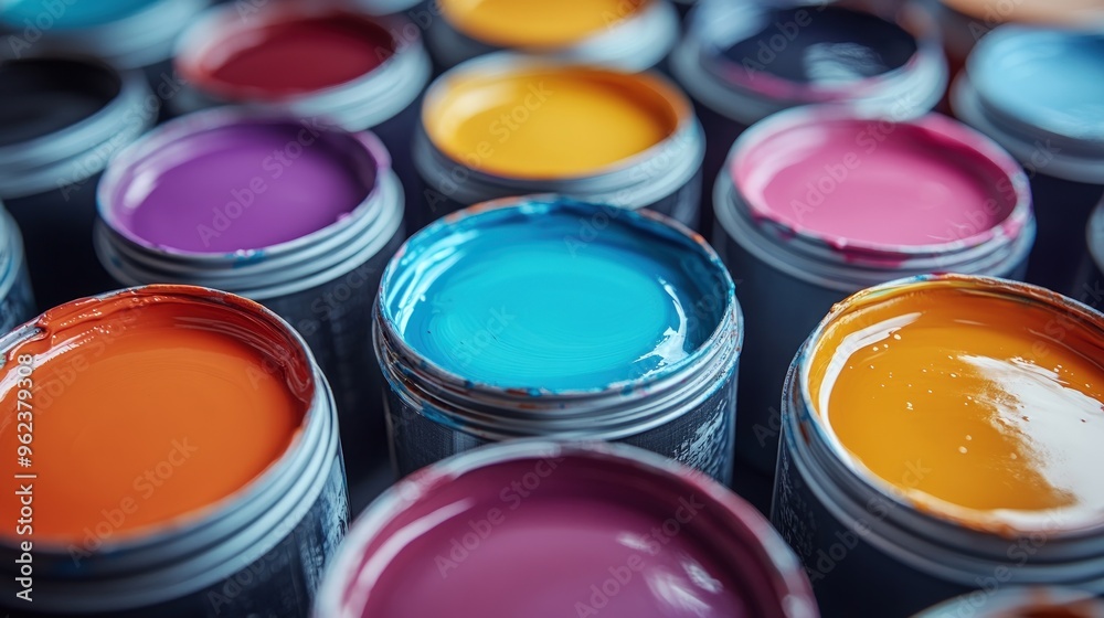 A close-up view of various paint cans arranged in a row, featuring a vibrant mix of colors, ready to be used for creative projects. A close-up view of various paint cans arranged in a row, featuring a vibrant mix of colors, ready to be used for creative projects.