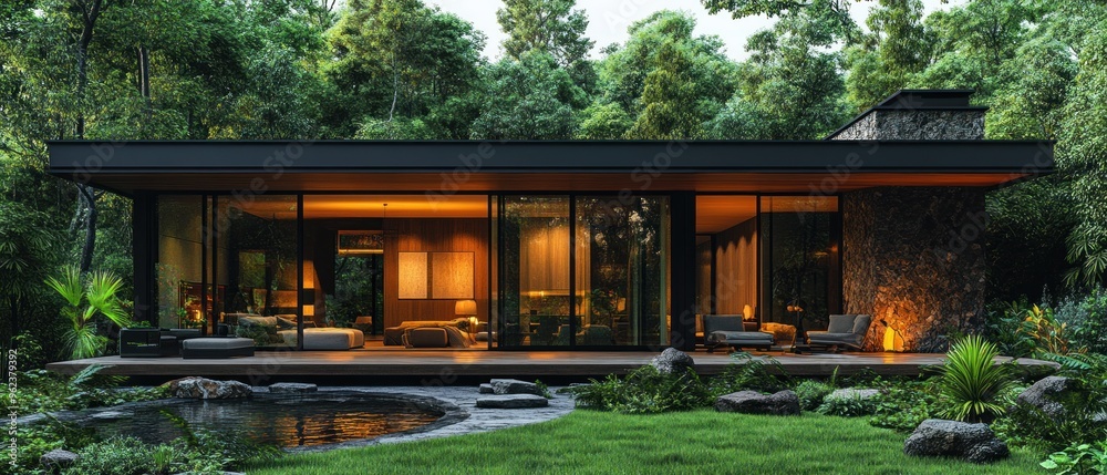 Modern Cabin with Glass Walls and a Pond in a Lush Green Forest Modern Cabin with Glass Walls and a Pond in a Lush Green Forest