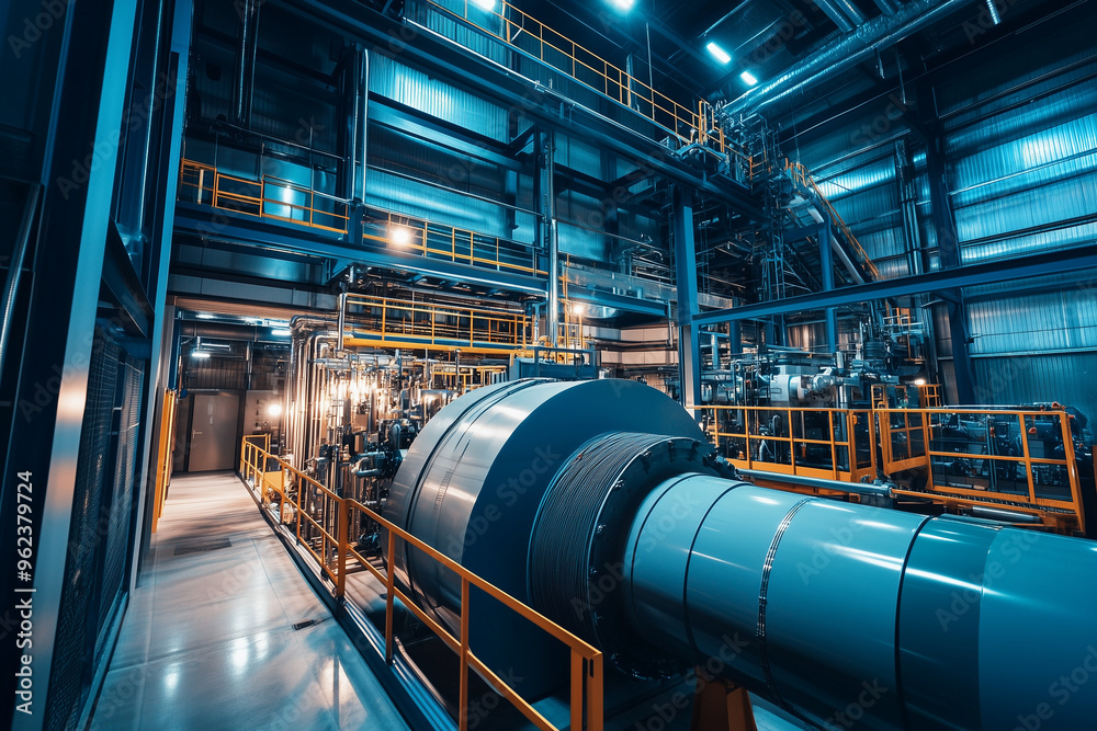  Interior of an advanced industrial facility with complex machinery and pipelines, emphasizing engineering and technological innovation