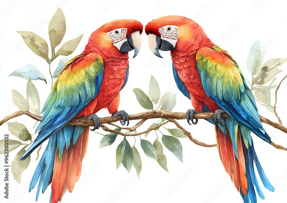 Fototapeta premium Two colorful parrots perched on a branch with green leaves.