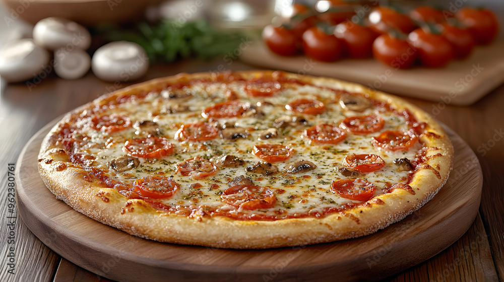 Freshly Baked Margherita Pizza on Wood Board With Tomatoes and Mushrooms in Background Freshly Baked Margherita Pizza on Wood Board With Tomatoes and Mushrooms in Background