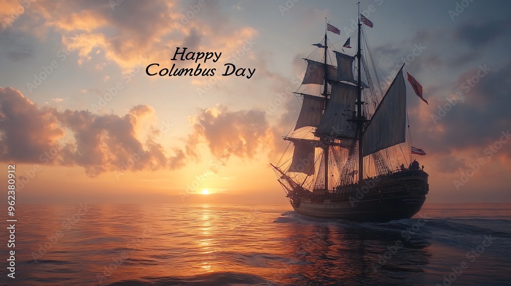 Obraz premium Columbus Day Greeting Card with Ship at Sunset