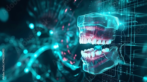 A digital representation of advanced dental technology featuring transparent 3D teeth against a high-tech background. The glowing elements and holographic style emphasize innovation in dental care and