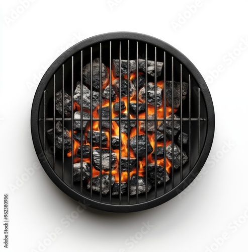 Charcoal grill with coals, top view, white background photo