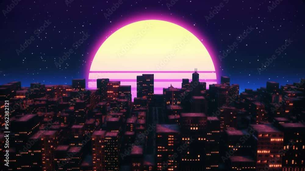 Retro-futuristic 80s style with neon city backgrounds. Seamless loop of cyberpunk cityscape. VJ synthwave looping 3D animation for music video