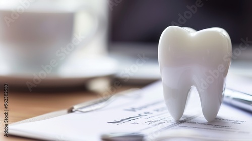 A ceramic tooth placed on top of dental paperwork with a blurred background, highlighting the importance of documentation in dental practice. The soft lighting adds to the clinical and professional