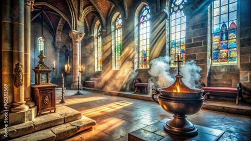 ethereal light envelops mystical old church as holy smoke wafts from censer on serene morning amidst ancient stone carvings and stained glass windows