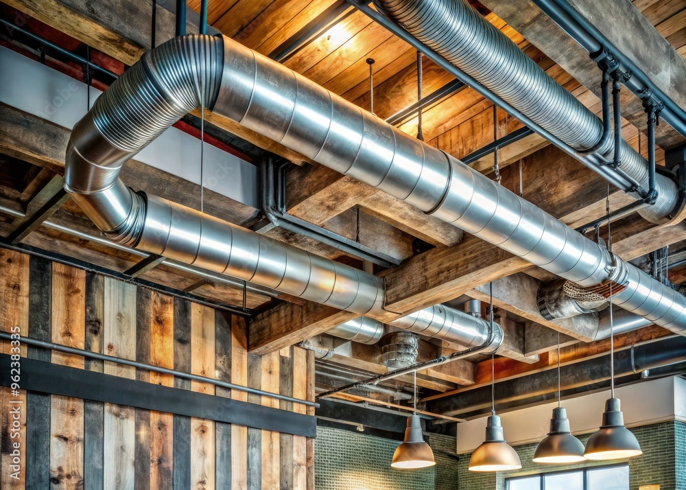 Industrial Chic Exposed Ductwork above distressed metal signage in worn ... - Exposed Ductwork Accents