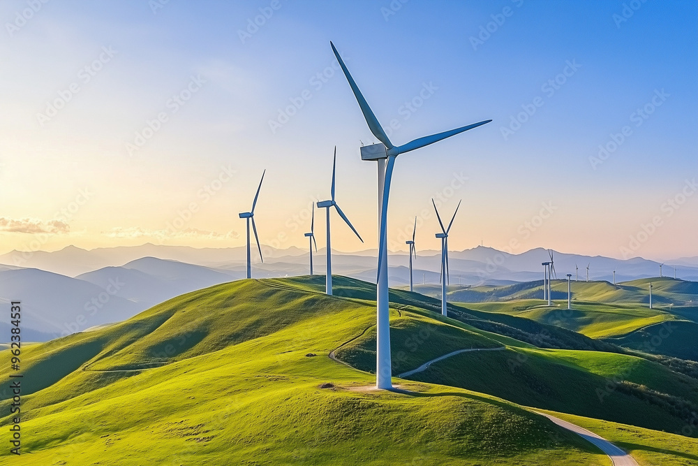 Wind turbines on green rolling hills during a bright day, representing renewable energy and sustainable power generation Wind turbines on green rolling hills during a bright day, representing renewable energy and sustainable power generation