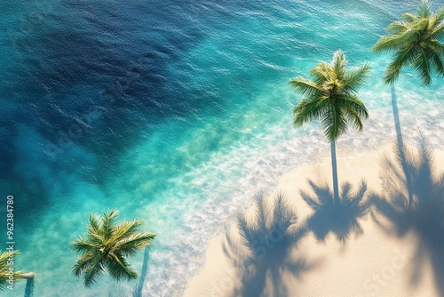 An aerial view of the tropical island, showcasing palm trees and turquoise