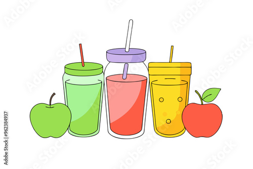 Vibrant Line Drawing of Assorted Smoothie Jars with Fresh Fruit Ingredients