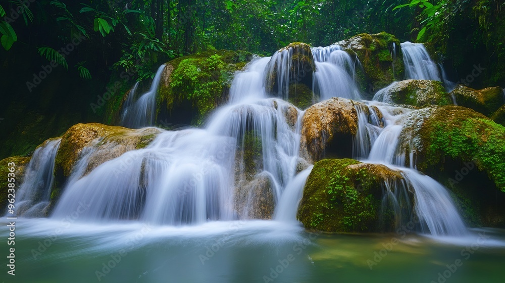 Lush green foliage surrounds a cascading waterfall. Lush green foliage surrounds a cascading waterfall.