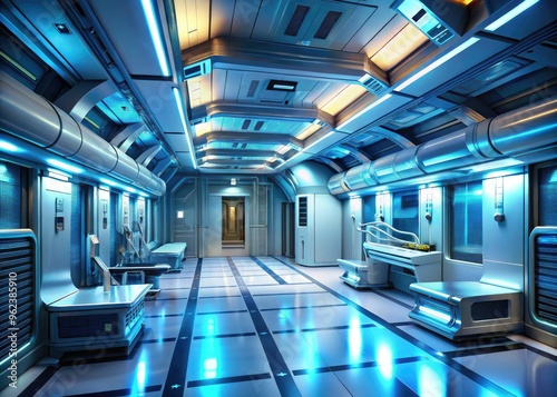 Futuristic space station interior with soft blue lighting and sleek metallic surfaces amidst a sense of calmness and serenity