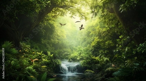 Lush rainforest with a stream and sun rays breaking through the canopy.