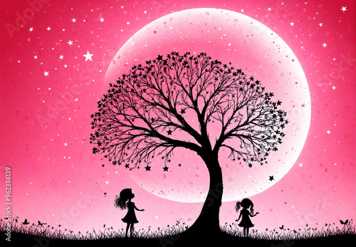 illustration of two girls sitting under a tree surrounded by flowers and butterflies.