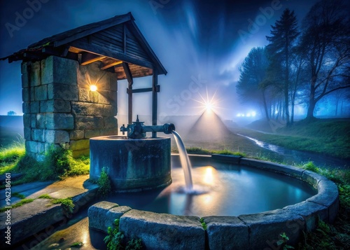 hauntingly beautiful long-exposure nighttime image of artesian well's gentle flow amidst misty atmosphere in a mystical abandoned industrial setting