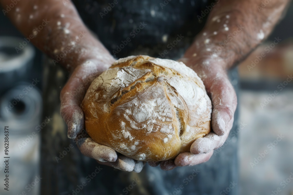 A closeup shot of a baker's hands holding a freshly baked round bread A closeup shot of a baker's hands holding a freshly baked round bread