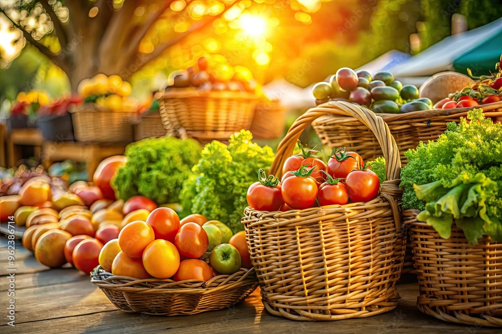 Rustic morning farmers market scene with vibrant heirloom tomatoes and crisp lettuce overflowing from wicker baskets in warm golden light with soft focus background. Rustic morning farmers market scene with vibrant heirloom tomatoes and crisp lettuce overflowing from wicker baskets in warm golden light with soft focus background.